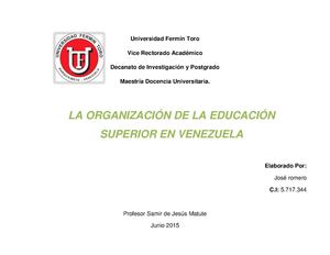 LA ORGANIZACIÓN DE LA EDUCACIÓN SUPERIOR EN VENEZUELA