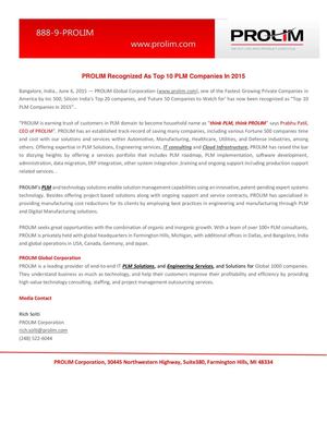 PROLIM Recognized As Top 10 PLM Companies In 2015