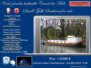 Vente péniche habitable Canal du Midi Aquitaine