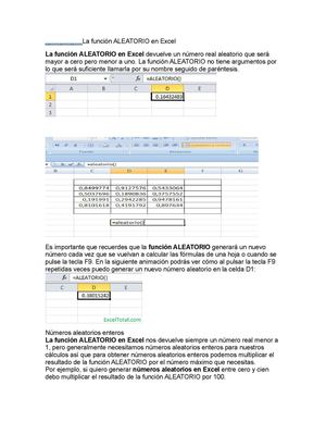 La Función Aleatorio En Excel