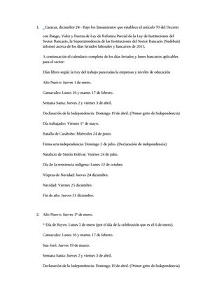 Feriados Y Bancarios Año 2015