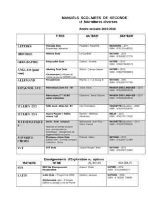 Manuels Scolaires de Seconde 2015 2016