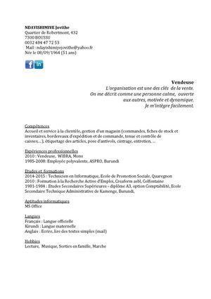 Cv Ndayishimiye Jovithe cv vendeuse