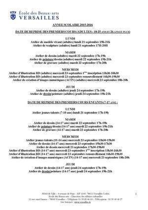 Horaires et Tarifs des activités de l'école des Beaux-arts de Versailles