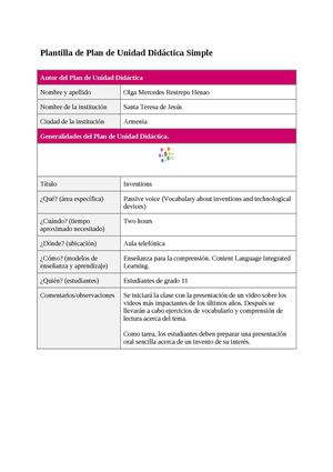 Plantilla De Plan De Unidad Didáctica Simple