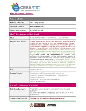 Plan De Unidad V2 El Renacimiento Plan De Trabajo Fin Teorico
