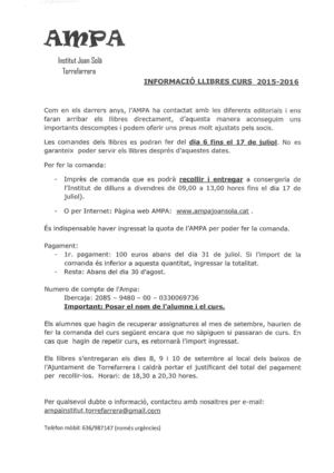 Full informatiu pagament llibres AMPA 2015-16