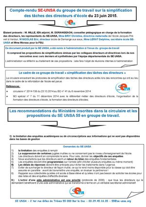 Se Unsa 55 - juin 2015 - Compte rendu groupe de travail départemental pour l'allègement des tâches administratives liées à la direction d'école