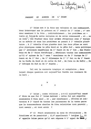 Sur l'Islam. Académie Diplomatique Salzbourg Autriche 1983
