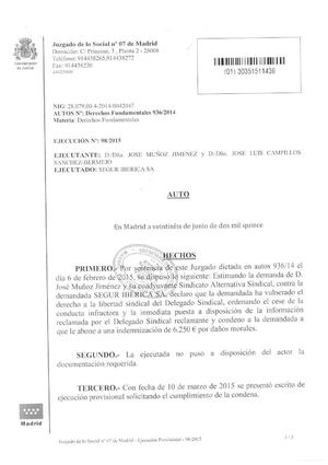 Auto Judicial Juzgado de lo Social 7 de Madrid por el que se ordena el embargo de cuentas a Segur Ibérica