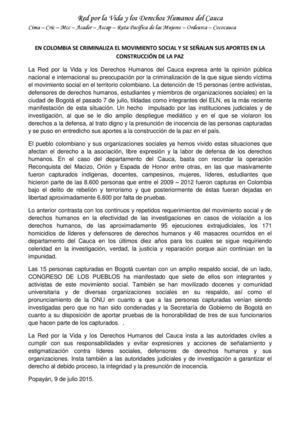 En Colombia Se Criminaliza El Movimiento Social Y Se Señalan Sus Aportes En La Construcción De La Paz