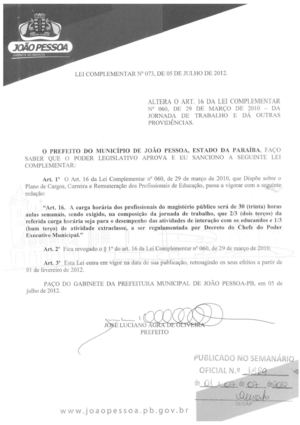 ALTERA O ART. 16 DA LEI COMPLEMENTAR Nº 060, DE 29 DE MARÇO DE 2010 (João Pessoa)