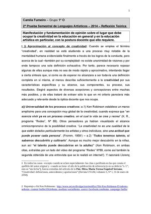 2º Parcial De Lenguajes Artísticos Lugar Que Debe Ocupar La Creatividad En La Educación En General Y En La Educación Artística En P