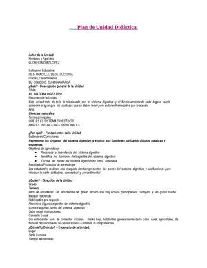 Plan De Unidad Didáctica Sistema Digestivo