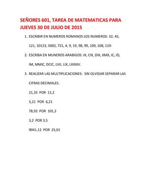 Señores 601, Tarea De Matematicas Para Jueves 30 De Julio De 2015