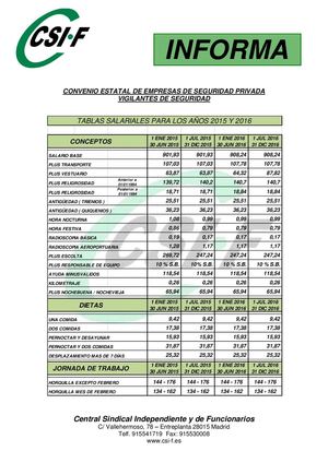 CSI-F Seguridad Privada. Tabla Salarial 2015 2016
