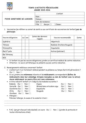 Fiche Sanitaire De Liaison