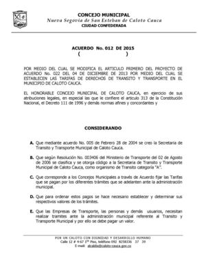 Acuerdo No. 012 de 2015 - Tarifas - Caloto - Cauca