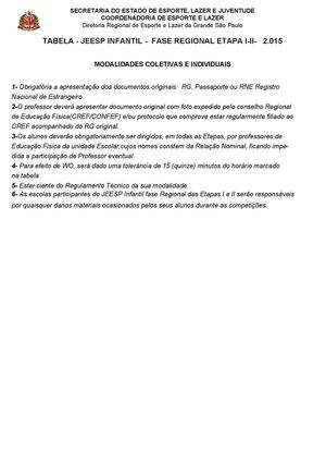 Tabela Jeesp Categoria Infantil Fase Regional