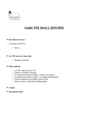 Guide TPE Série Littéraire 2015-2016 Lycée Anna Judic