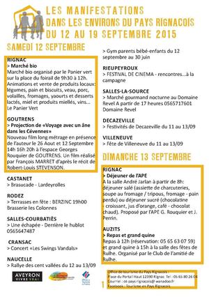 Les manifestations du 12 au 20 septembre 2015 et les Journées Européennes du Patrimoine aux environs du Pays Rignacois