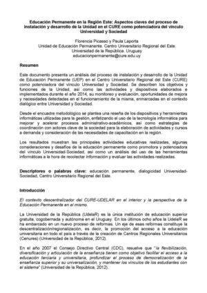 Educación Permanente En La Región Este Aspectos Claves Del Proceso De Instalación Y Desarrollo De La Unidad En El CURE Como Potenciadora Del Vínculo Universid