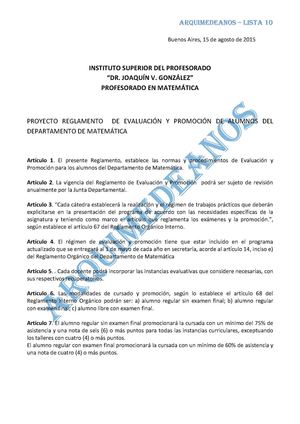 Proyecto Reglamento De Evaluación Y Promoción De Alumnos Del Departamento De Matemática