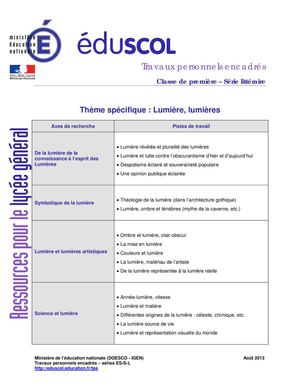 TPE 1ere L Lumiere Lumieres