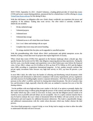 iDeals Virtual Data Room to Offer Free Use of its Platform