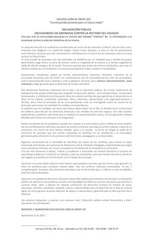 Contra Amenazas A Rector Colegio León De Greiff Ied Declaración Docx