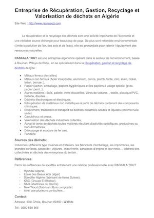 Entreprise de Récupération, Gestion, Recyclage et Valorisation de déchets en Algérie