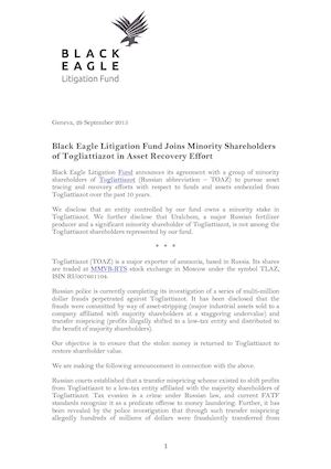 Black Eagle Litigation Fund Togliattiazot Announcement