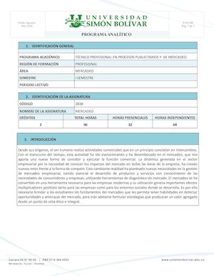 Programa Analítico Mercadeo