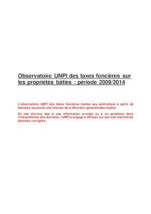 Etude Unpi 2015 - évolution de la taxe foncière 2009-2014