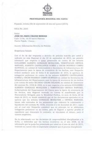 Respuesta Derecho De Peticion Procuraduria Regional Del Cauca