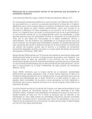 Relevancia de la comunicación escrita en las personas que acompañan al estudiante a distancia