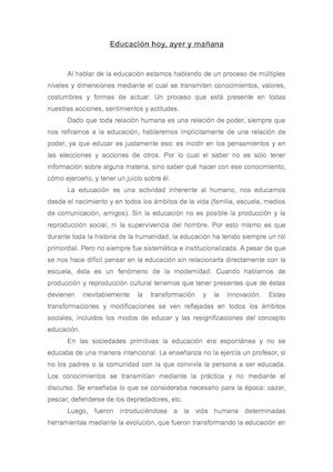 Aanalisis La Educacion Hoy, Ayer Y Mañana