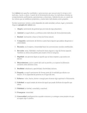 Los Valores Son Aquellas Cualidades O Apreciaciones Que Una Persona Le Otorga A Otro Individuo