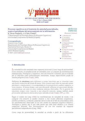 Procesos Cognitivos En El Trastorno De Ansiedad Generalizada