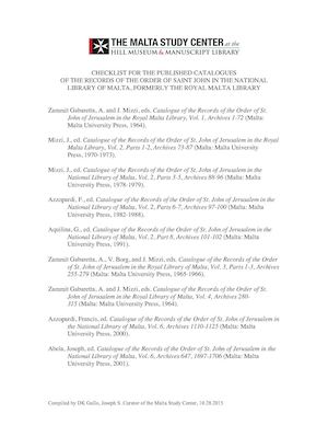 Published Catalogues of the Records of the Order of Saint John in the National Library of Malta