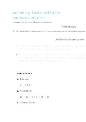Adición Y Sustracción De Números Enteros