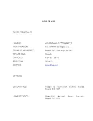 Hoja De Vida Asesor Financiero