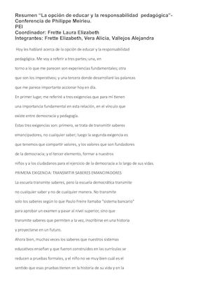 Resumen De La Opinion De Educar Y La Responsabilidad Pedagogica Conferencia Philippe Meirieu