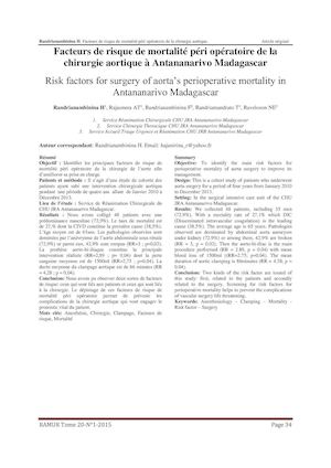 7. Facteurs De Risque De Mortalité Péri Opératoire De La Chirurgie Aortique