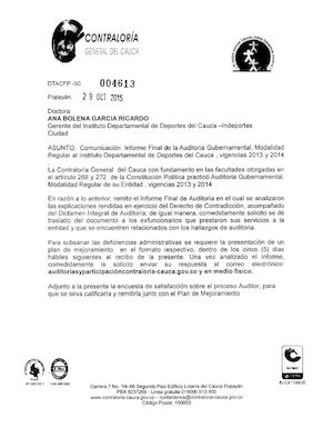 Informe Final de Auditoría Vigencias 2013 – 2014 - Contraloría General del Cauca - Indeportes Cauca