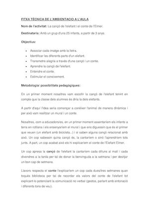 Fitxa de l'ambientació de l'aula (L'elefant)