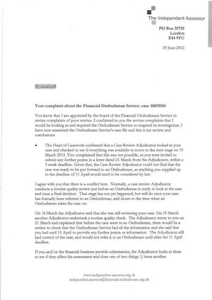 Independent Assessor Opinion June 2012 in FOS Case 10693014
