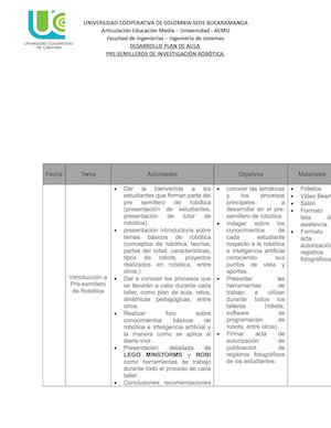 Plan De Aula Presemillero De Robótica Ucc