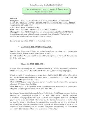 COMPTE-RENDU DU CONSEIL D’ÉCOLE ÉLÉMENTAIRE 5 Nov 2015