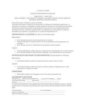 Plan De Mejoramiento Escolar Marzo 27